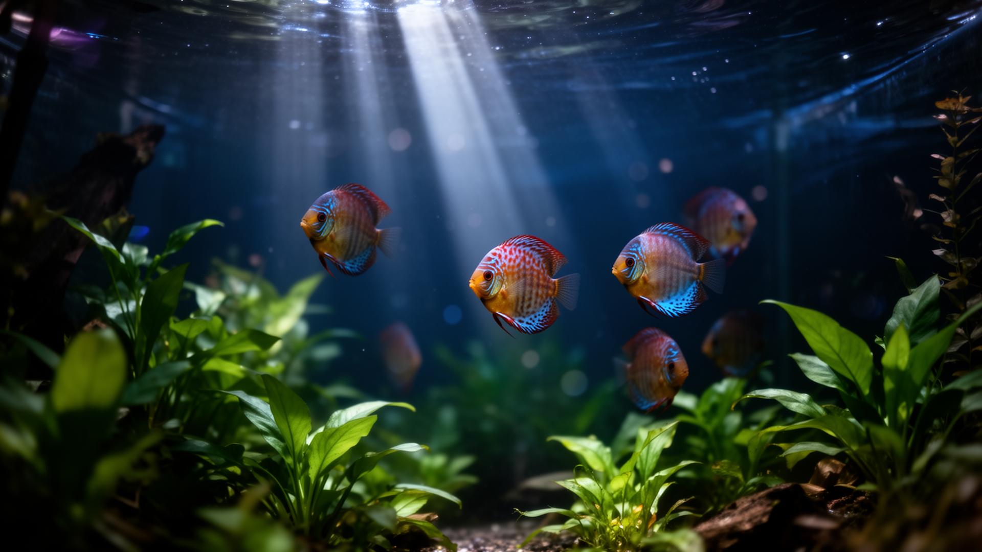 Ornamental discus fish in a planted aquarium